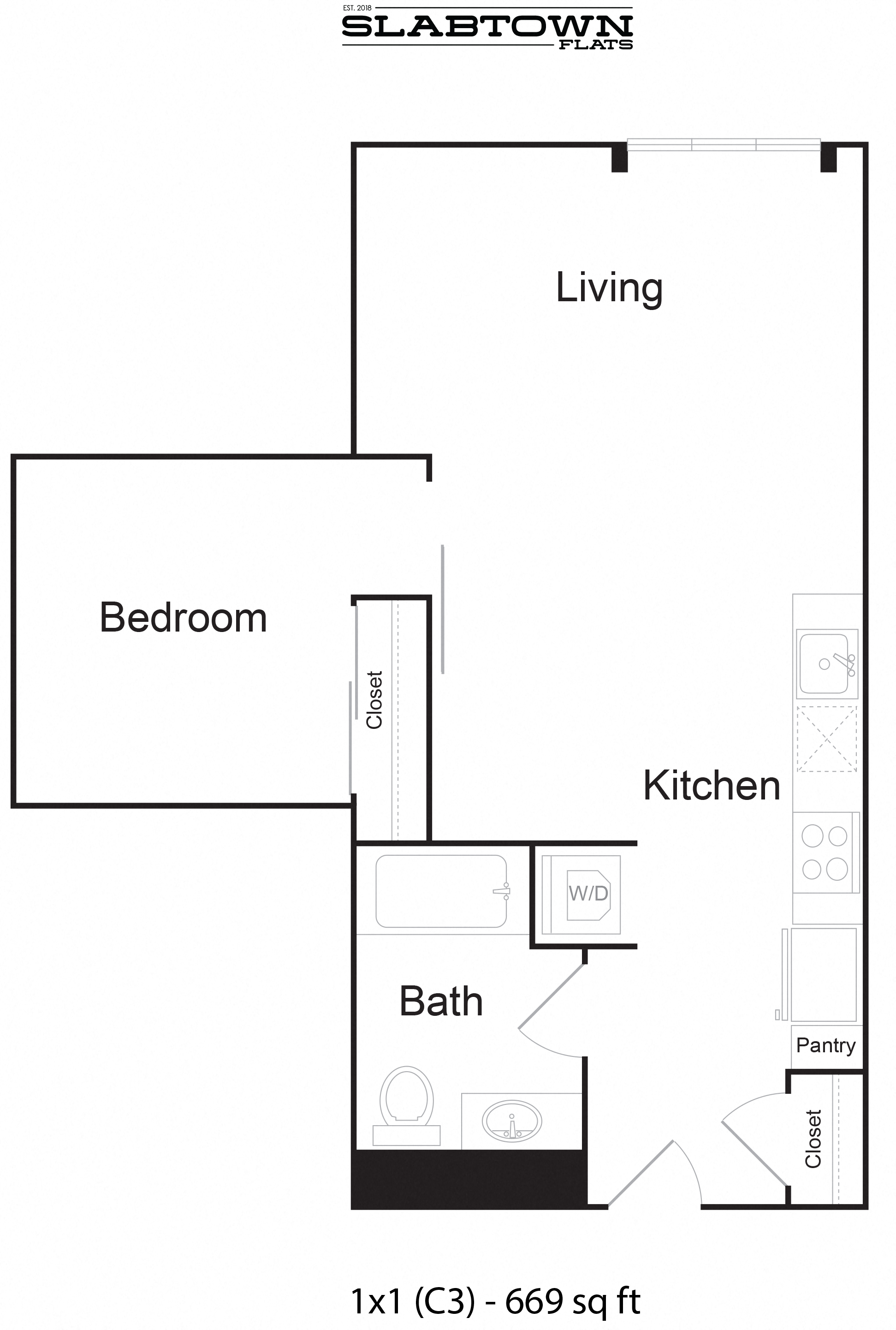 Floor plan for 1 bed, 1 bath, 669 sqft